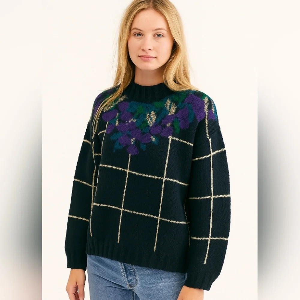 Floral Grid Sweater 100 % Shetland Wool Black Purple And Yellow Size Medium - Picture 1 of 11
